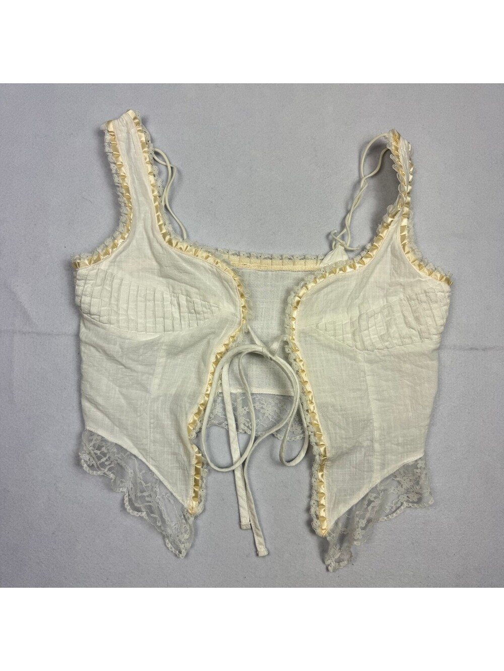Vintage Inspired Corset Ivory Cotton Lace Trim Ribbon Tie Front Handkerchief Hem